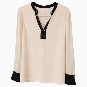 Tory Burch Cream Silk Blouse Black Trim Gold Studs Size 10